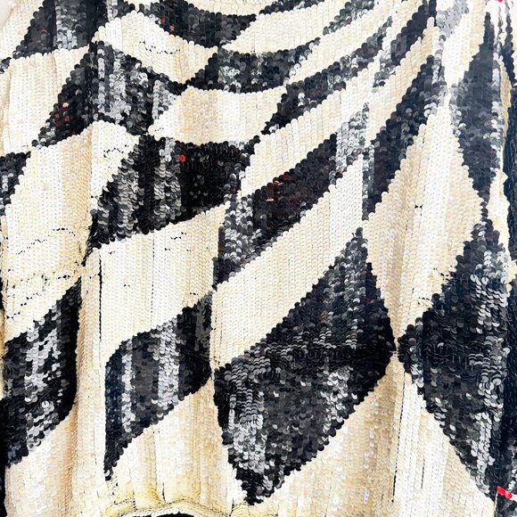 Vintage Siruti Geometric Print black White Orange Sequin Harlequin SILK Top L - Picture 11 of 11